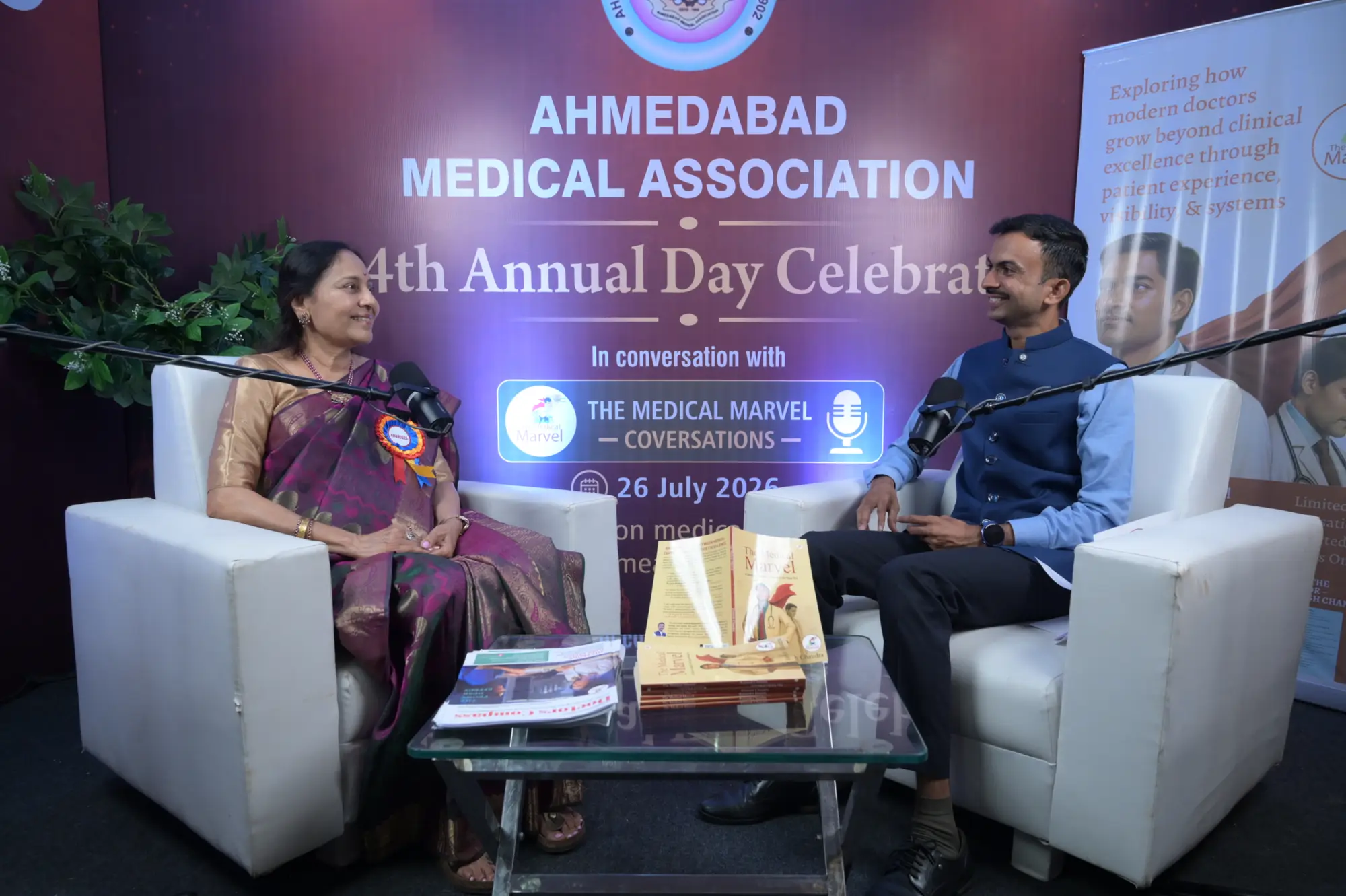 Ramesh Chandra recording a conversation with a doctor at the Ahmedabad Medical Association annual day.